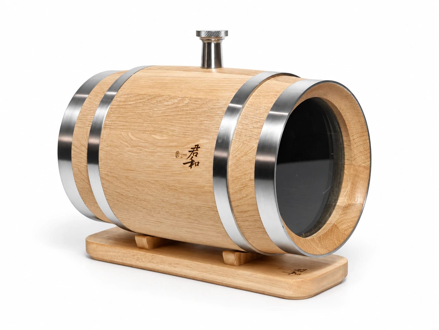 3L Mini Oak Barrel with Junhe engraving on its simple wooden base against a white background