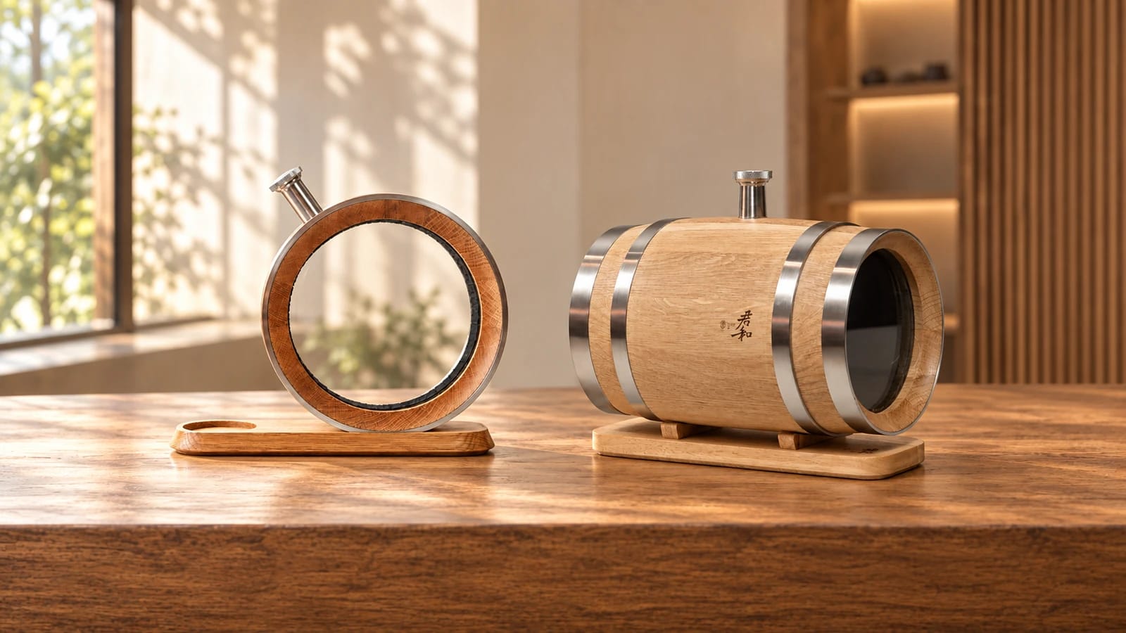 700ml Visible Oak Whiskey Decanter and 3L Mini Oak Barrel side by side on a sunlit wooden tasting counter