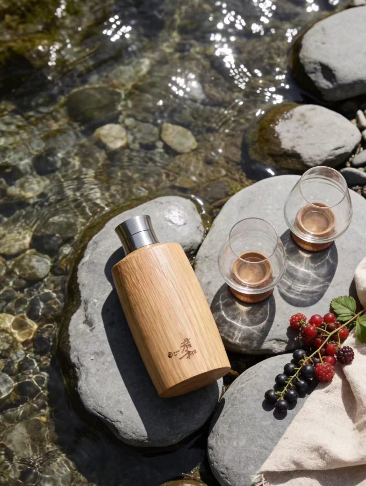 An oak travel bottle and two tasting glasses on sunlit rocks beside a stream