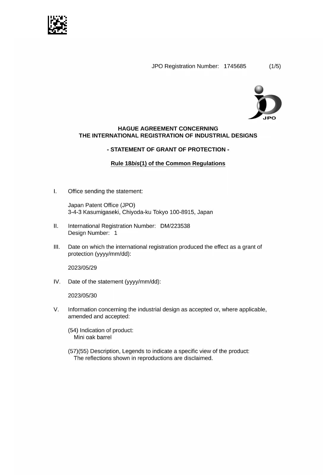 Japan registration document for DM/223538