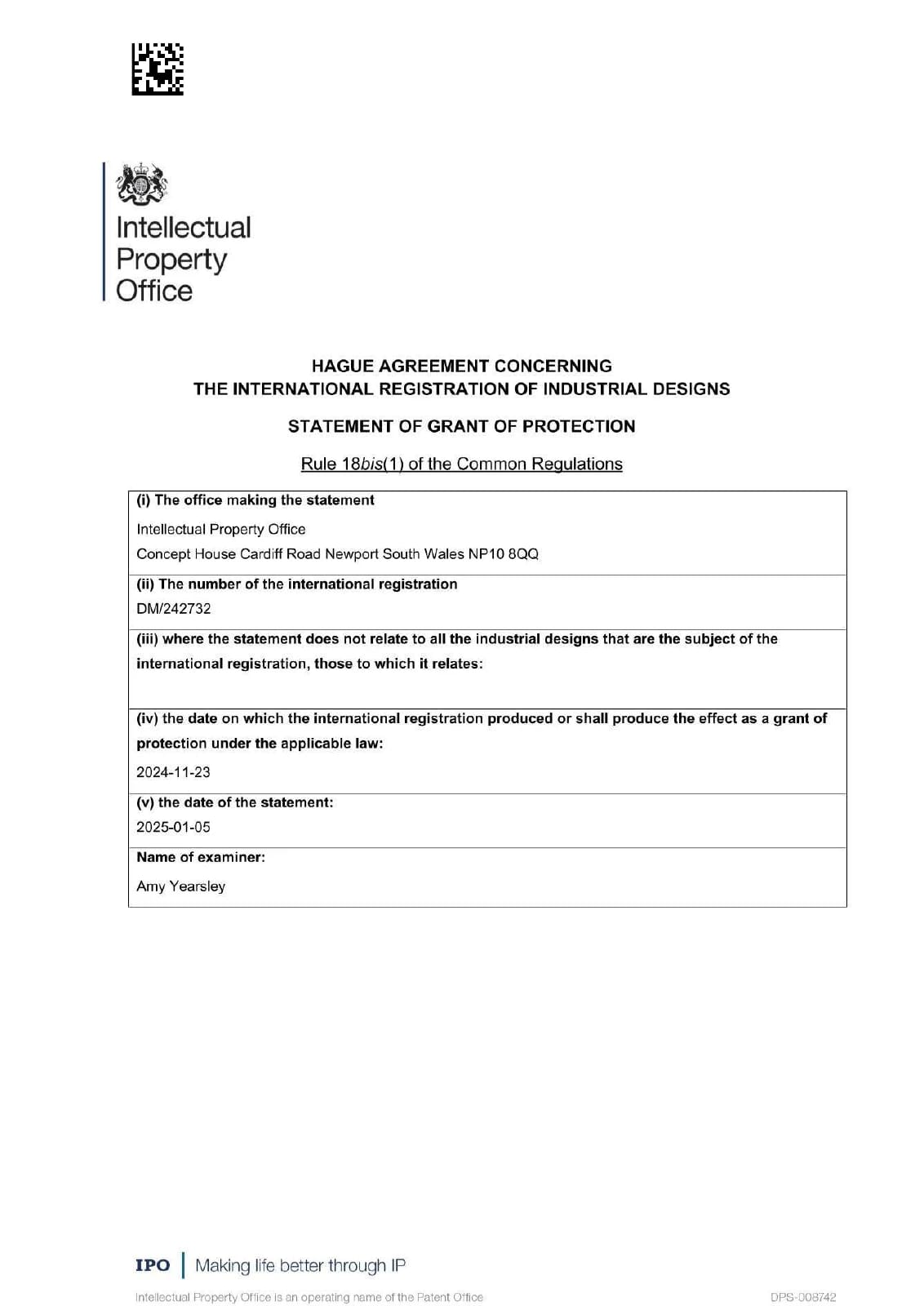 UK registration document for DM/242732
