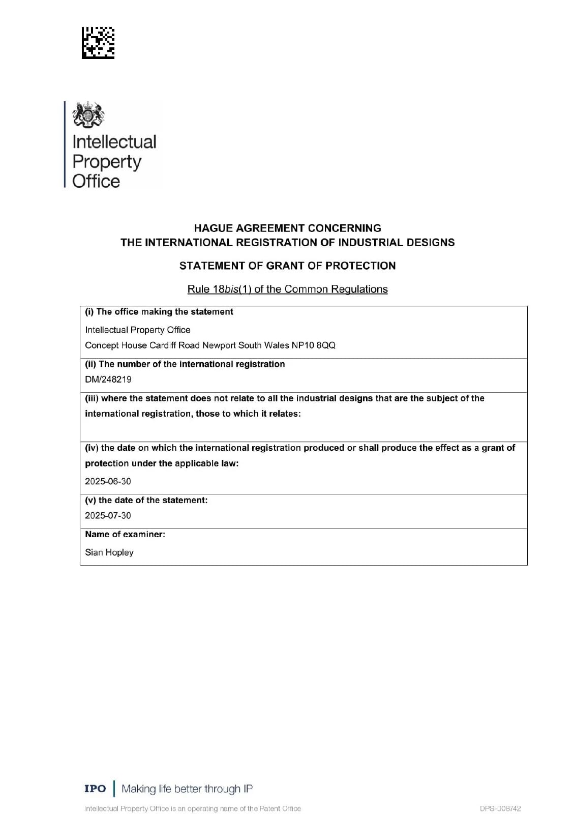 UK registration document for DM/248219