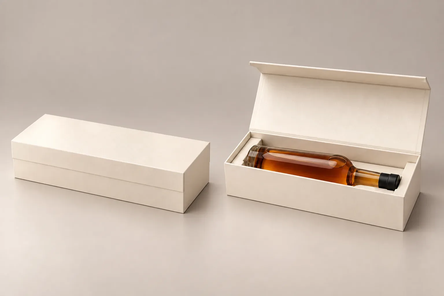 Unbranded ivory magnetic gift box shown open and closed with a bottle inside