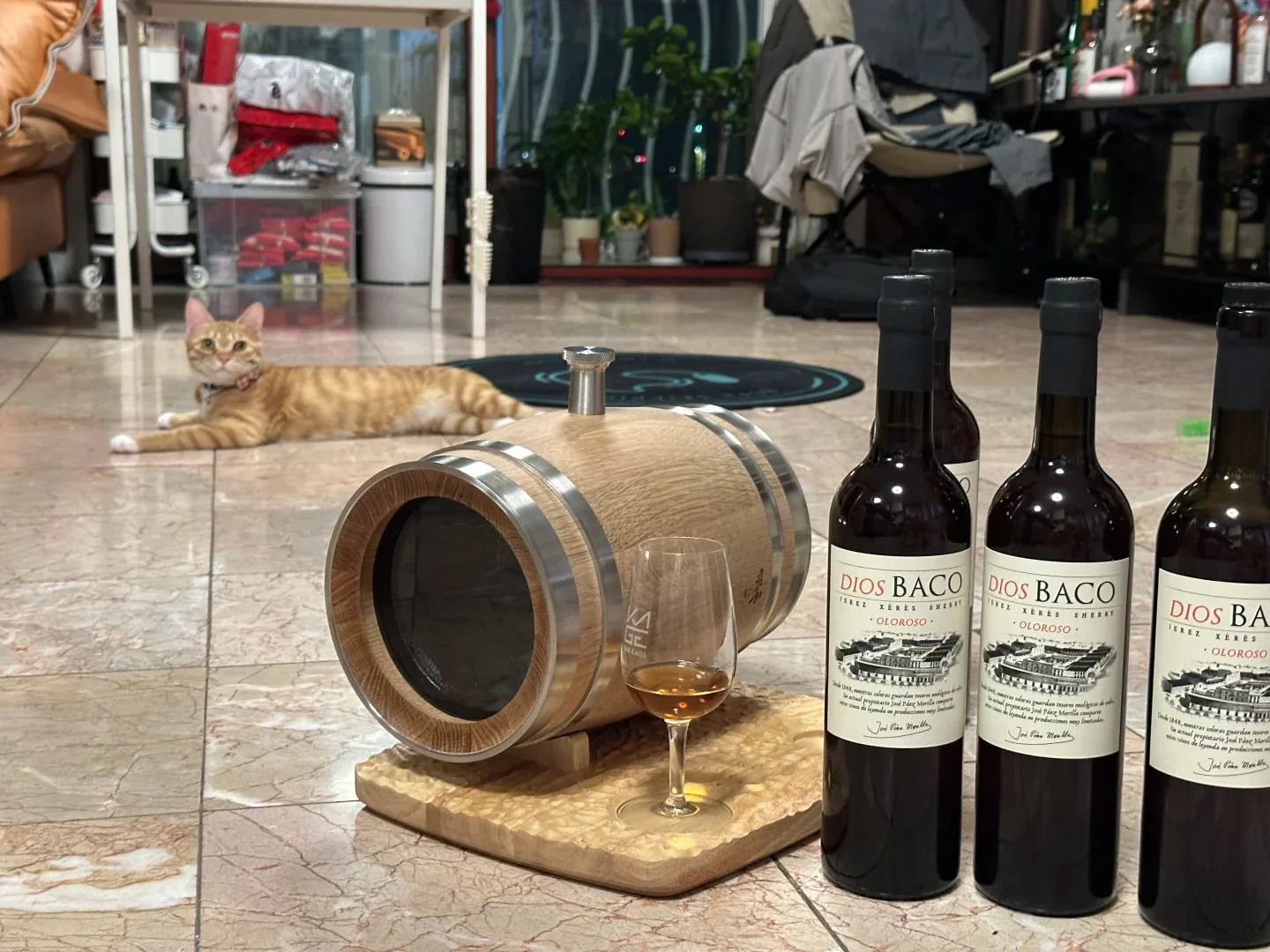 Spirits maturing in a mini oak barrel
