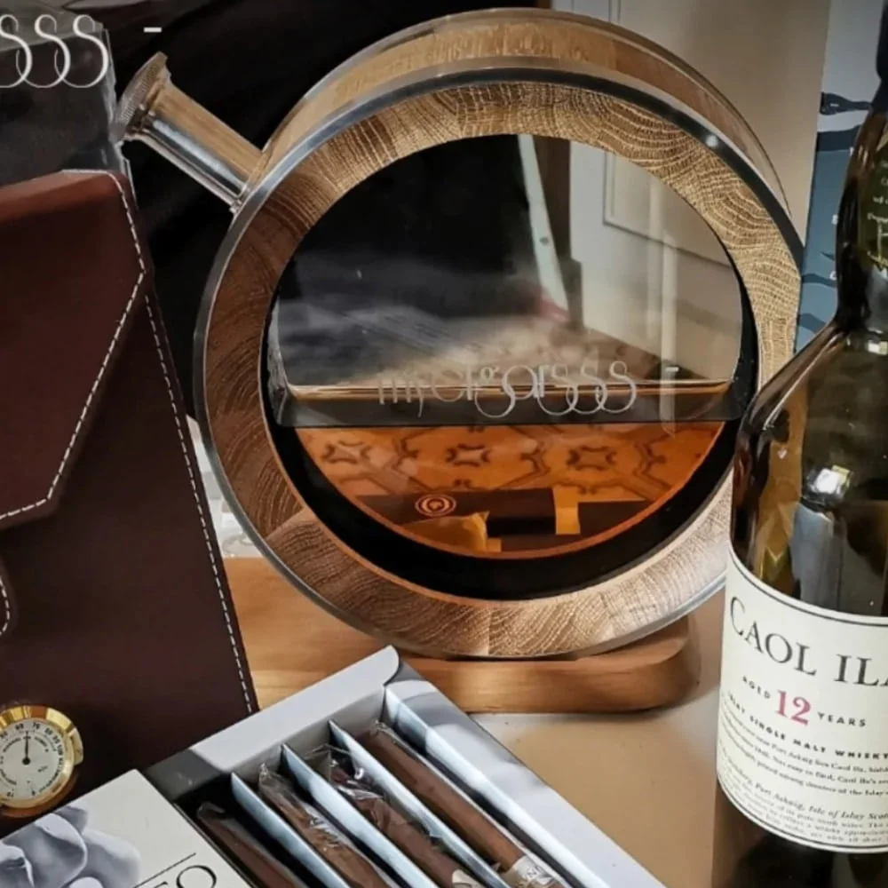 Mini oak barrel with a glass viewing panel
