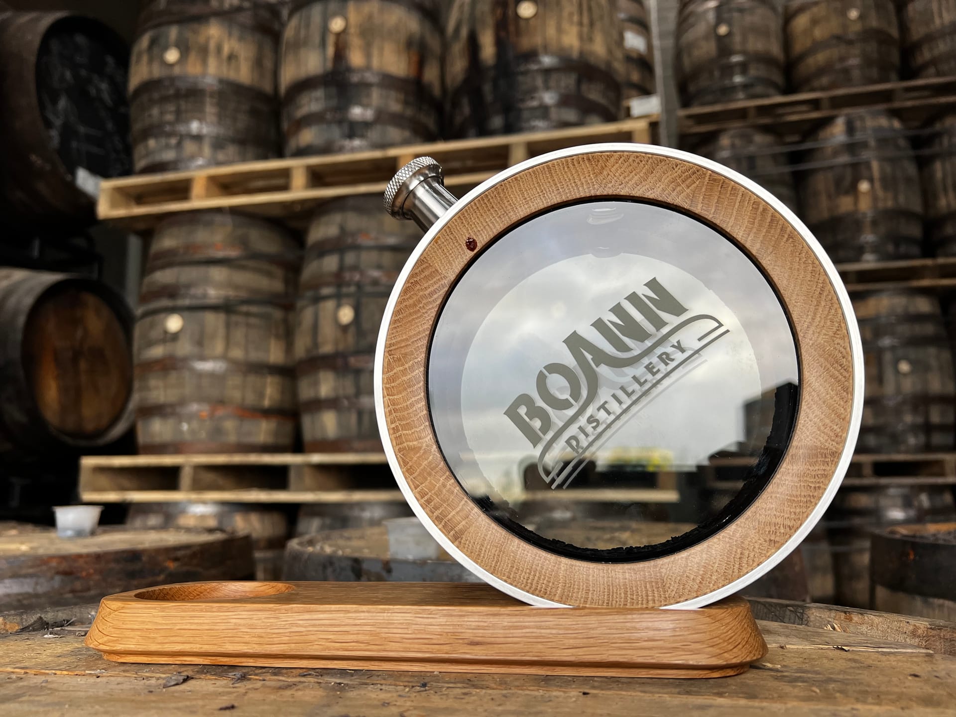 Boann Distillery — A visible barrel design carrying the brand mark