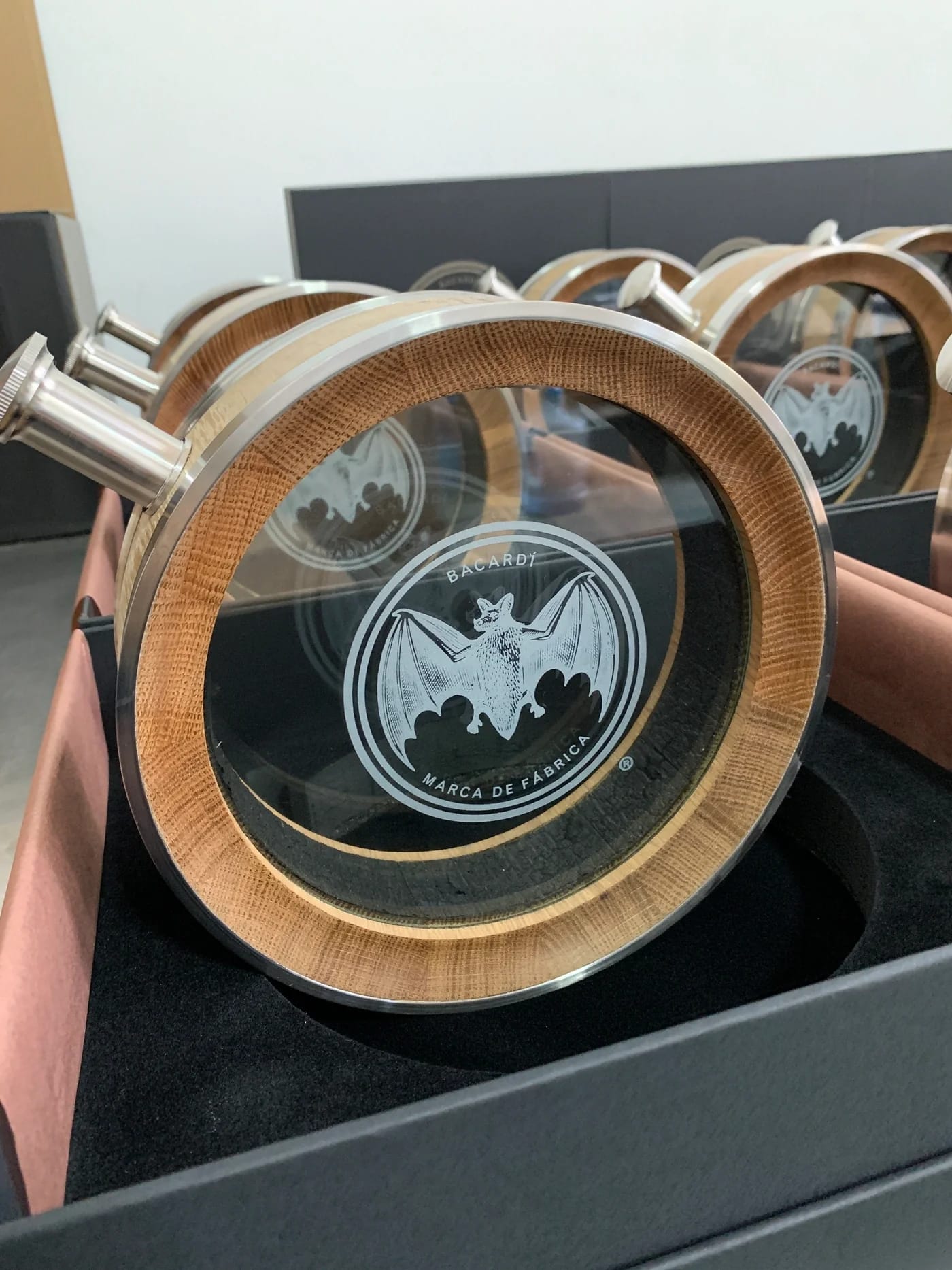 Bacardi — Signature bat logo engraved on 700ml oak decanters