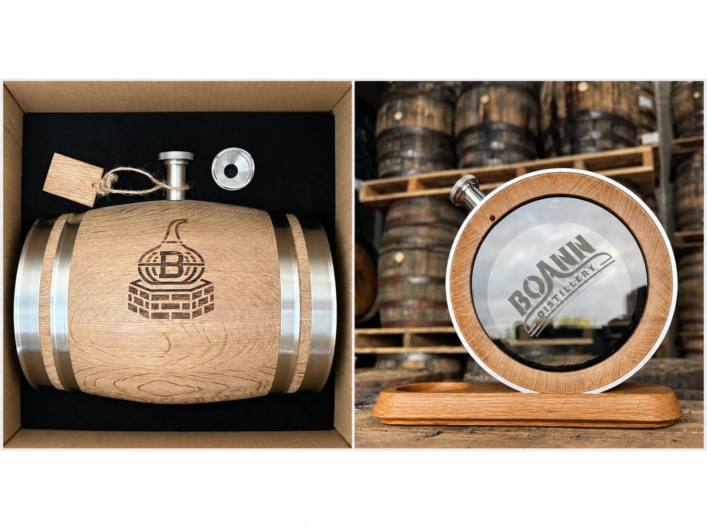 Boann Distillery — Engraved oak body and branded decanter presentation