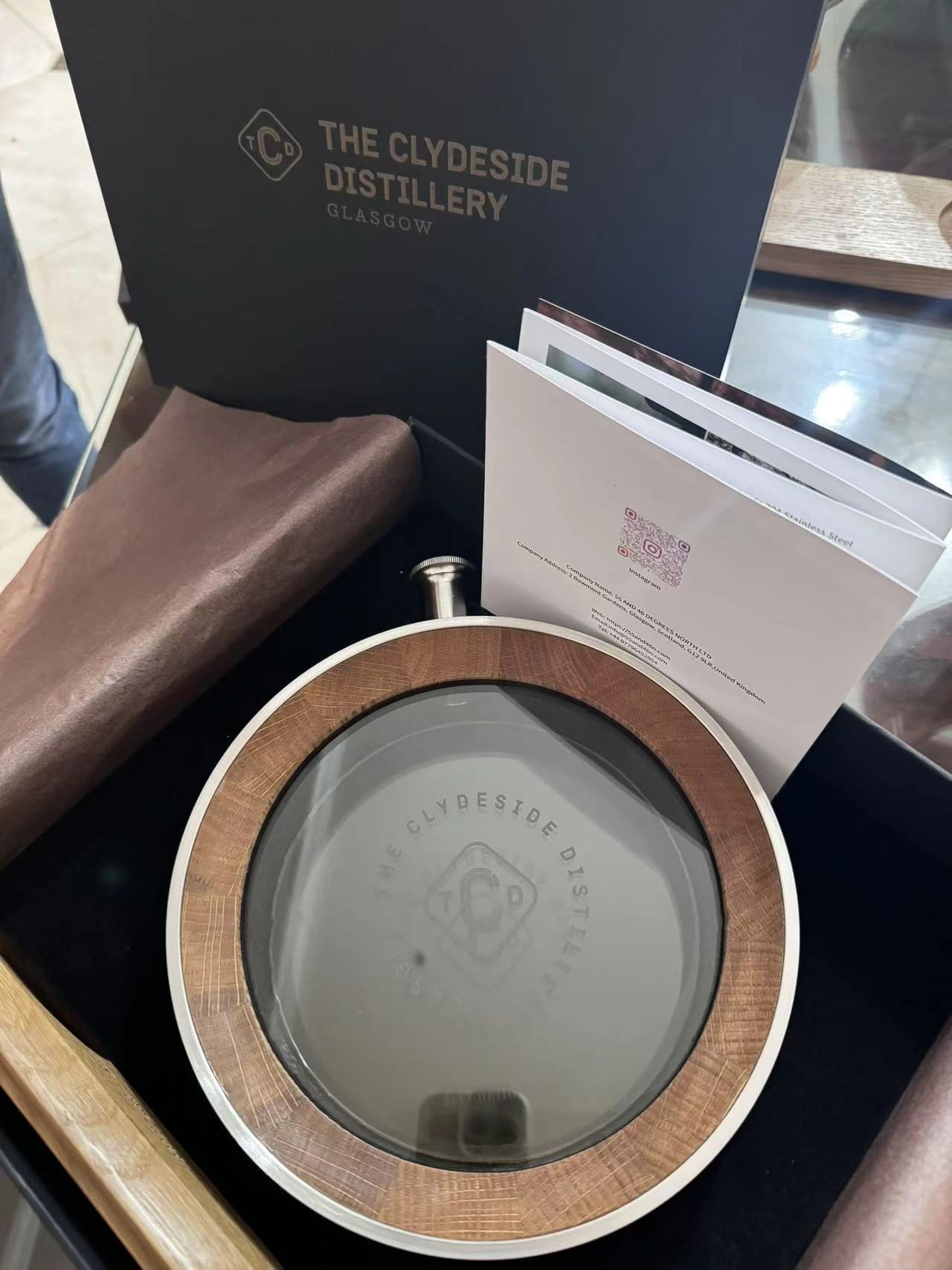 The Clydeside Distillery — Distillery branding on a circular decanter and presentation box