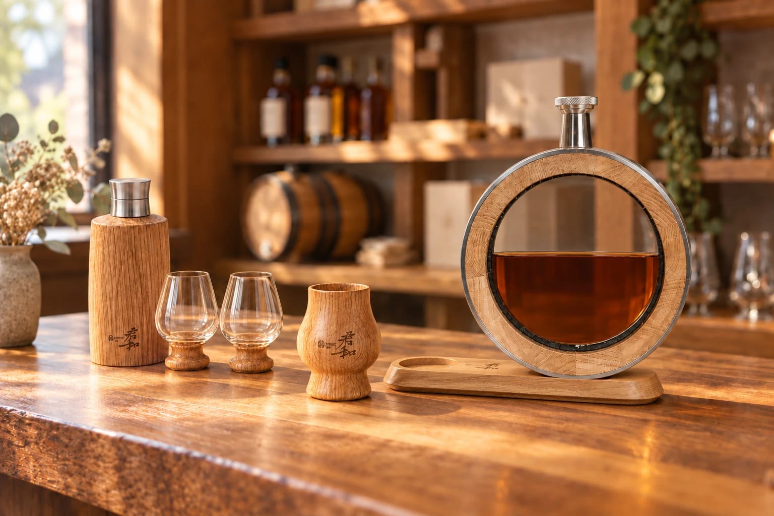 Outdoor Set, Oak Cup and visible oak decanter in a distillery gift display An Outdoor Set with one oak bottle and two glasses, an oak tasting cup and a glass-panel oak decanter on a sunlit wooden counter.