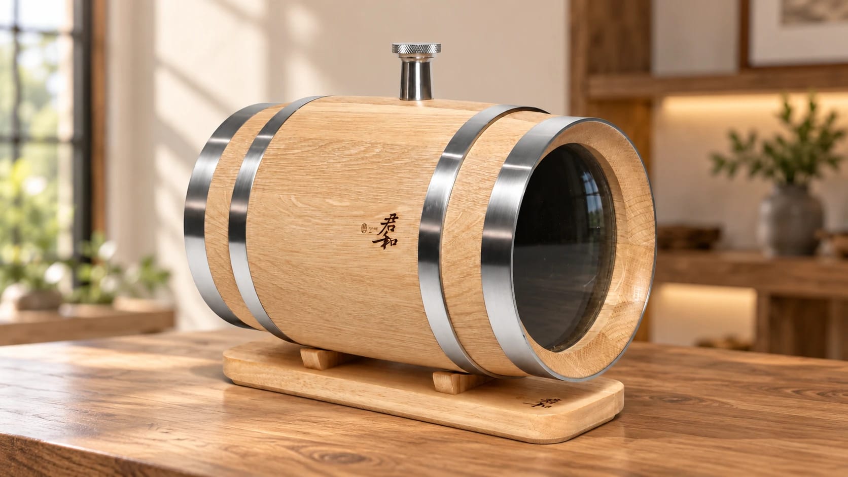 Junhe 3L glass oak barrel in a warm tasting room Junhe 3L glass oak barrel on its wooden base on a sunlit tasting-room counter