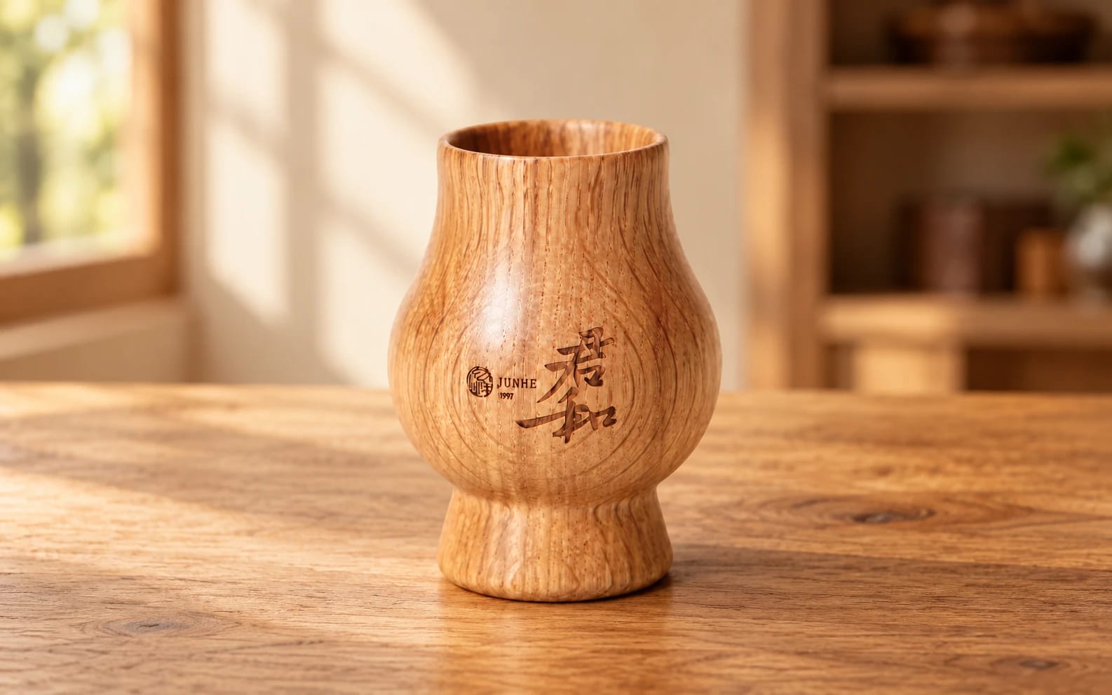 Junhe Oak Cup in a sunlit tasting room Engraved Junhe Oak Cup on a wooden tasting table in soft natural window light