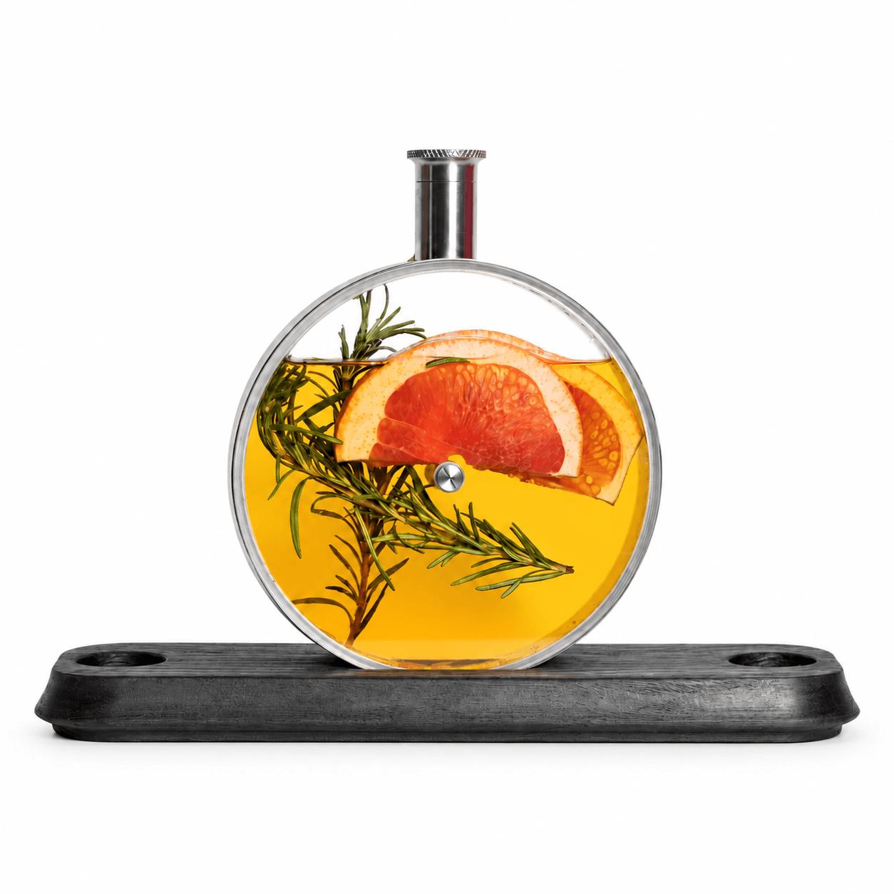 Junhe Porthole Infuser for a tasting table Junhe Porthole Infuser with citrus and rosemary on an oak base