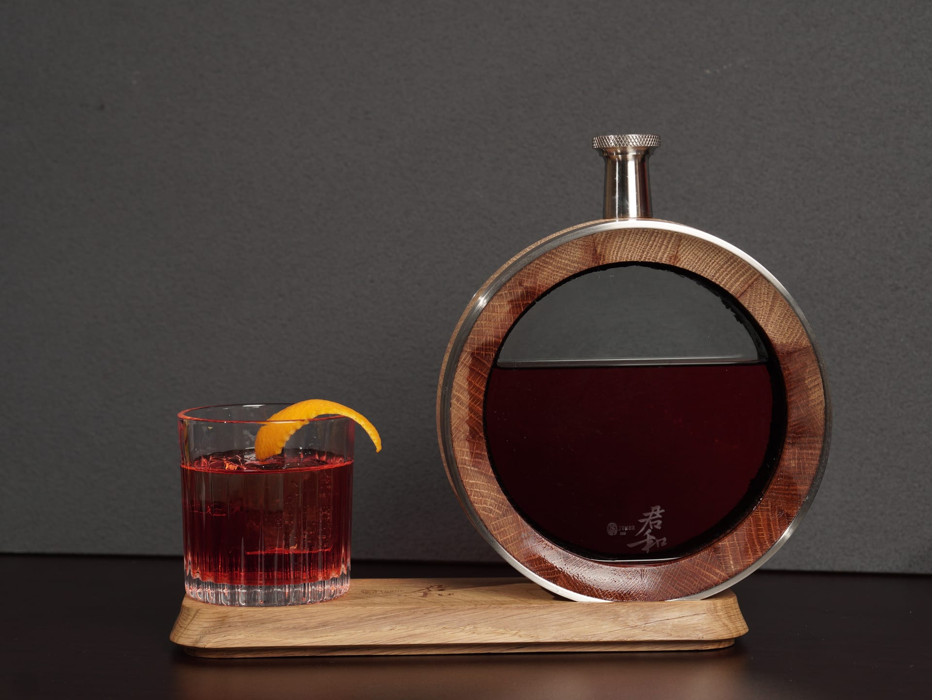 500ml oak barrel with a cocktail on its display base