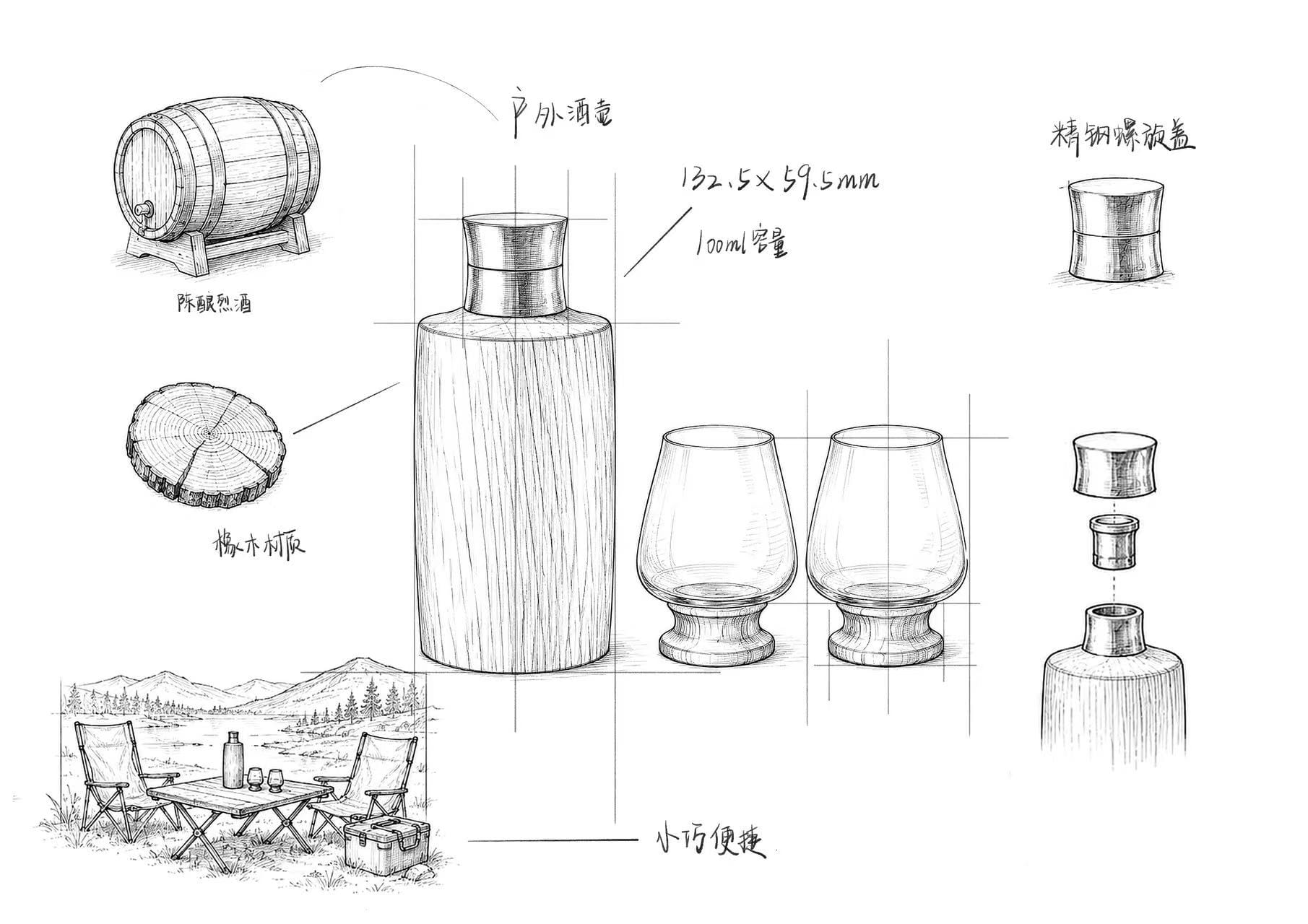 Outdoor Set design sketch showing the oak bottle, tasting glasses and cap construction