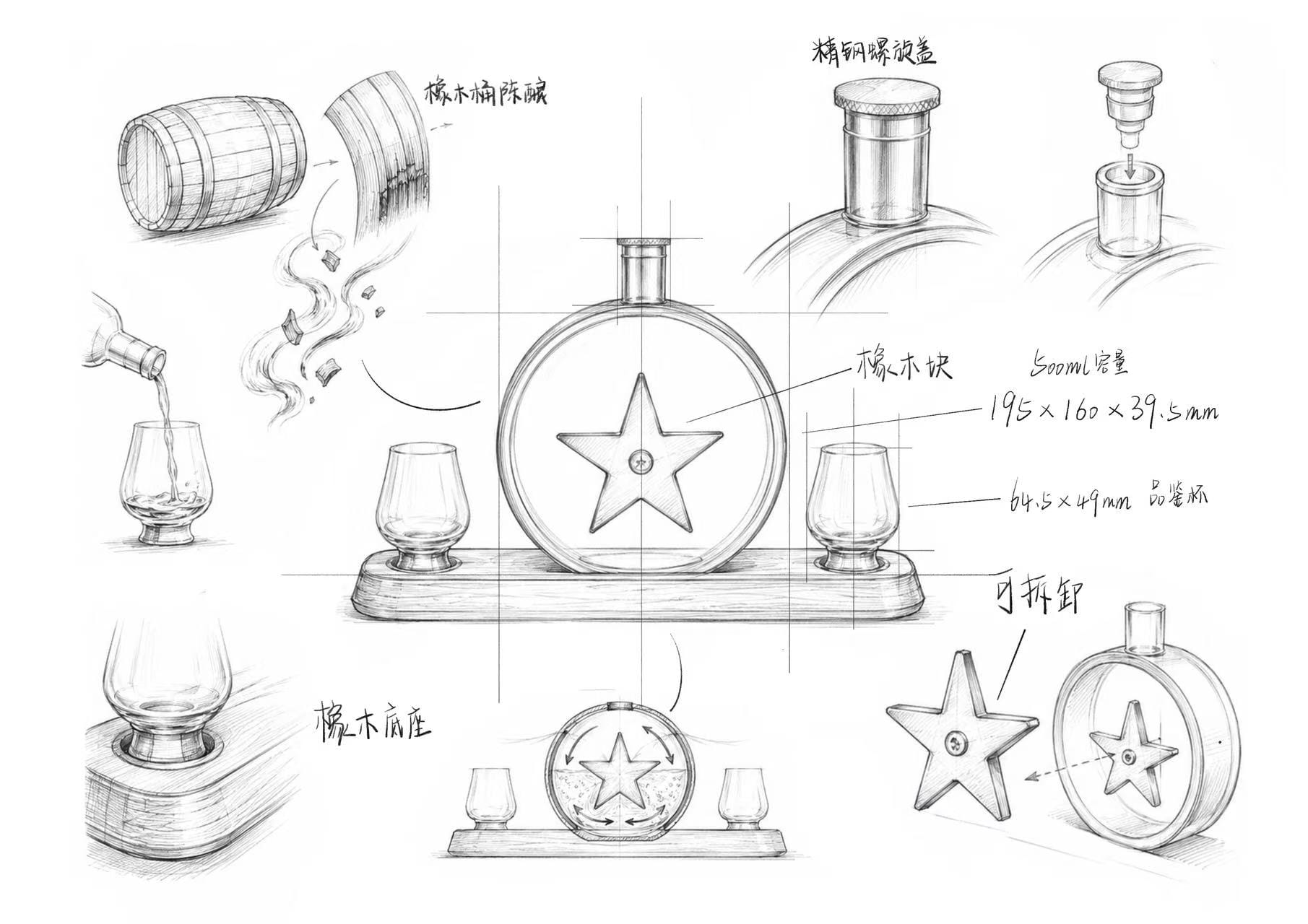 Porthole Infuser design sketch showing its circular vessel and removable star-shaped oak insert